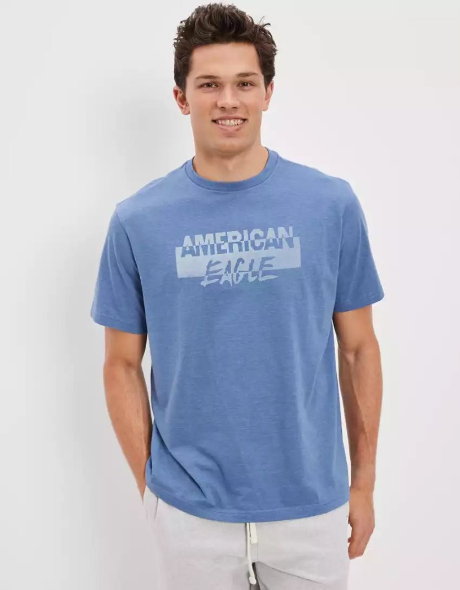 T Shirt Graphique American Eagle AE Super Soft Logo Bleu Homme | MUD-93166217